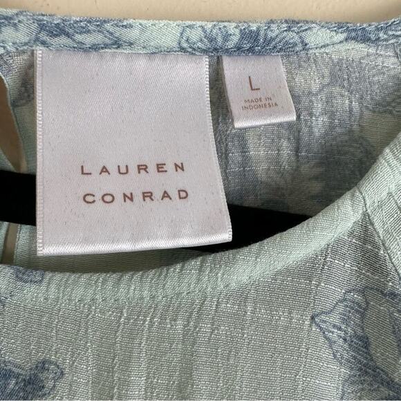 Sage Blue Floral Sheer Gauze Fairy Coquette Whimsical Top OpenBack Bell Sleeve L - Picture 7 of 7